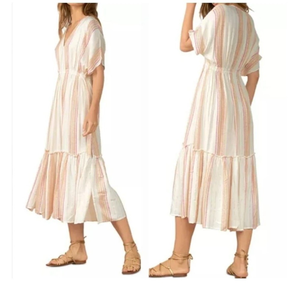 Ikat Cream Striped Midi Dress Boho Vacation Casual‎ V-Neck Sleeves